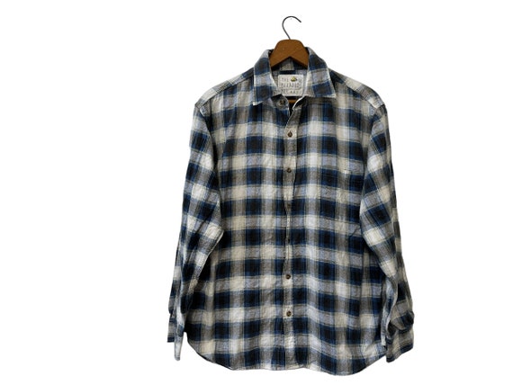 90s Grunge Flannel Vintage Plaid Cotton Flannel Shirt Blue Black White Button Down Long Sleeve Single Pocket Adult Size Medium Large