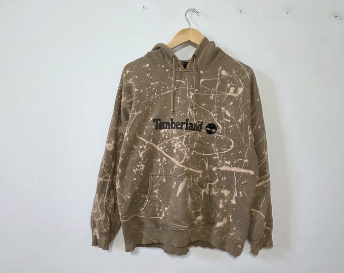 Bleached Timberland Hoodie Vintage Sweatshirt Embroidered Logo Distressed Tan Khaki White Bleach Splatter Distressed Unisex Medium