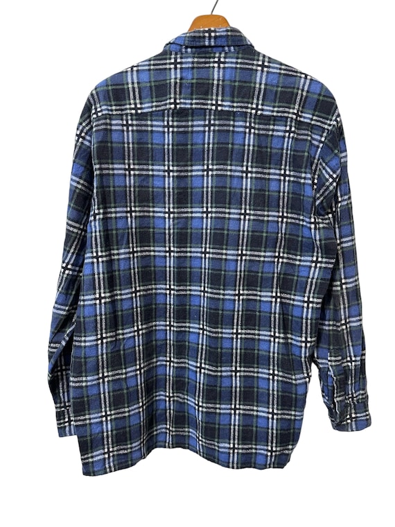 Vintage 80s Blue Plaid Flannel Button Down Long Sleeve Shirt With
