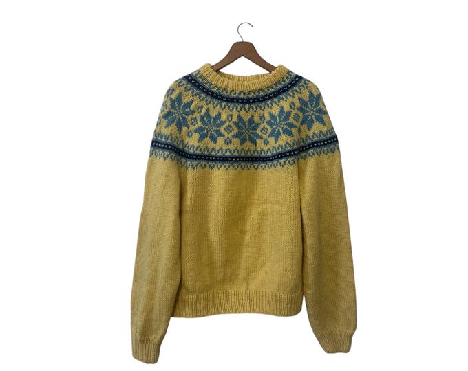 Yellow and Blue Fair Isle Vintage Wool Knit Sweater Snowflake Winter Pattern Unisex Large / XL