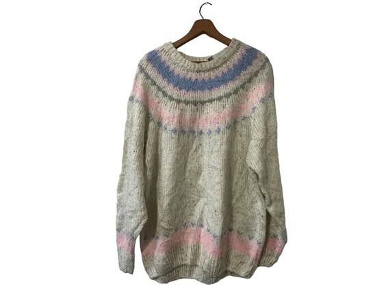 Ladies Nordic Fair Isle Knit Pullover Sweater White Gray Pink Blue Original Venezia Sportwear Women's One Size Fits All