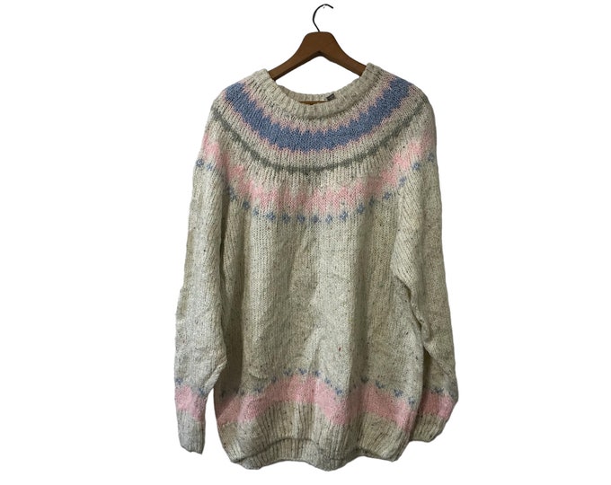 Ladies Nordic Fair Isle Knit Pullover Sweater White Gray Pink Blue Original Venezia Sportwear Women's One Size Fits All