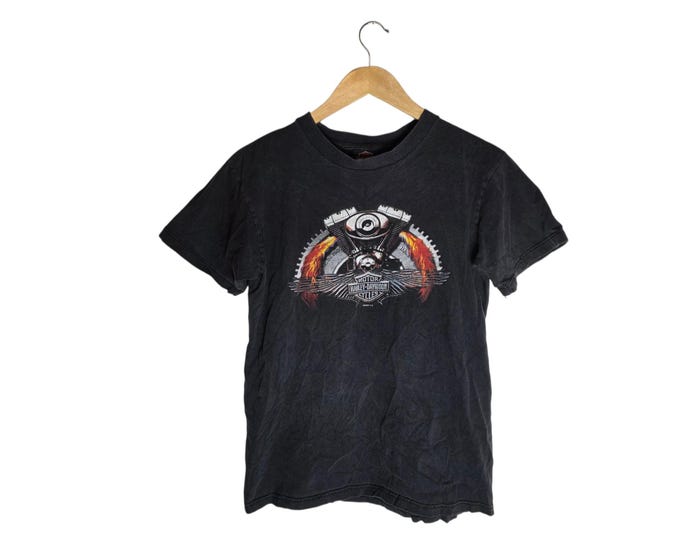 Vintage 2002 Harley Davidson T Shirt, Mile High Aurora Colorado Dealer Tee Twin Flame Graphic, Black Orange Size Medium
