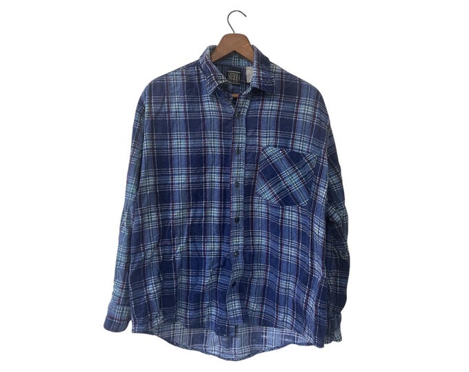 Vintage 80s Flannel Shirt Blues Distressed Grunge Paint Sierra Pacific Size Medium