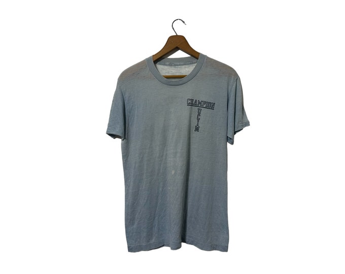 Super Soft Thin Sheer 80s Vintage University of Chicago Intramural Champions T-Shirt Light Blue Lettering Adult Medium Tee