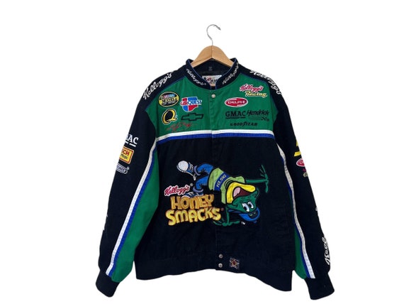 Kyle Busch Kellogg’s NASCAR Honey Smacks Racing Jacket Size 4XL Chase Authentic Frog Denim Button Jacket Green Black