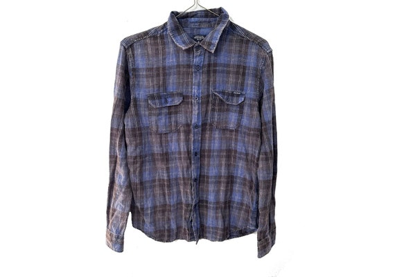 Acid Washed Grunge Flannel Shirt Blue Size Small