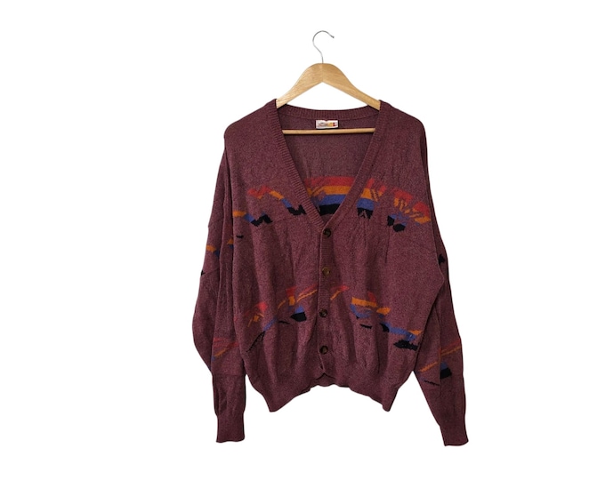 80s 90s Alpenland Vintage Cardigan Sweater Dusty Burgundy Button Front Abstract Geometric Pattern Design Size XL