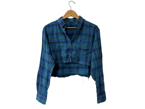 Cropped Flannel Shirt Crop Top Blue Green Plaid Womens Frayed Grunge Half Flannel