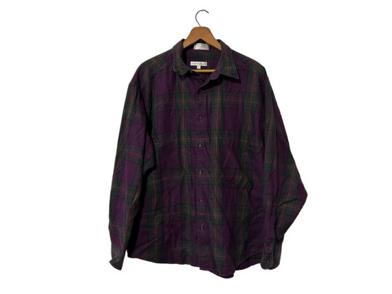 Dark Purple & Olive Plaid Button Down Shirt Claiborne Size XL