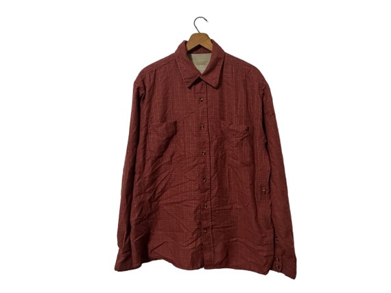 Burnt Orange Rust Plaid Flannel Shirt Button Down Long Sleeve Hidden Zipper Pocket Size Large