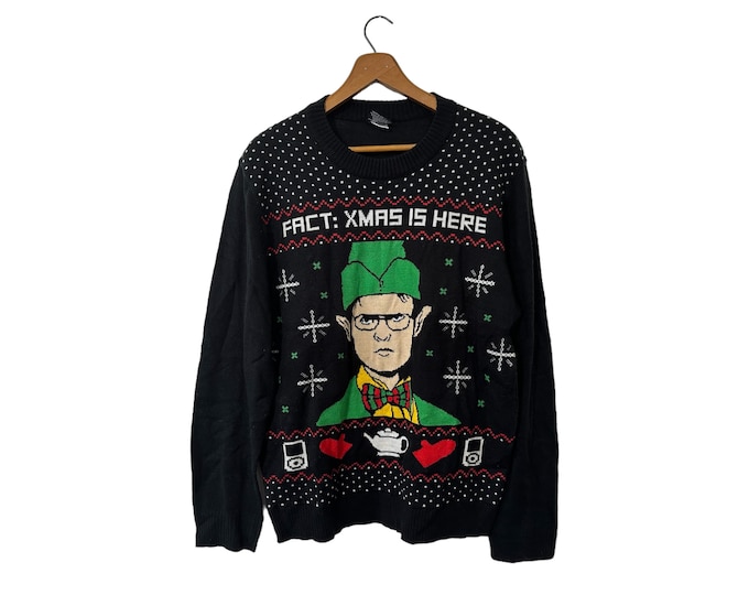 The Office Dwight Schrute Elf Ugly Christmas Sweater Fact: X-Mas Is Here Black Pullover Unisex Large