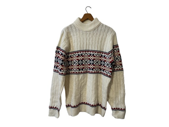 60s 70s Vintage Lord Jeff Knit Fair Isle Mock Neck Pullover Christmas Winter Holiday Sweater White Red Blue Red Beige Unisex Adult Large