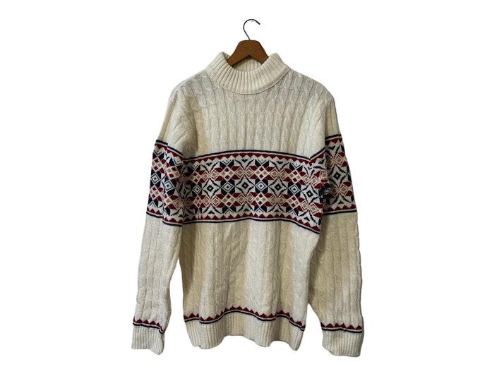 60s 70s Vintage Lord Jeff Knit Fair Isle Mock Neck Pullover Christmas Winter Holiday Sweater White Red Blue Red Beige Unisex Adult Large