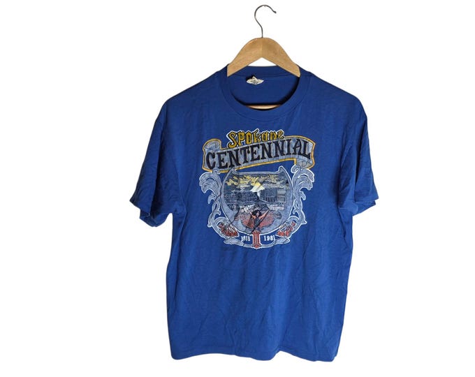 80s Vintage 1981 Spokane Washington Centennial Commemorative Graphic Royal Blue T Shirt Hanes Fifty Fifty Made in USA XL