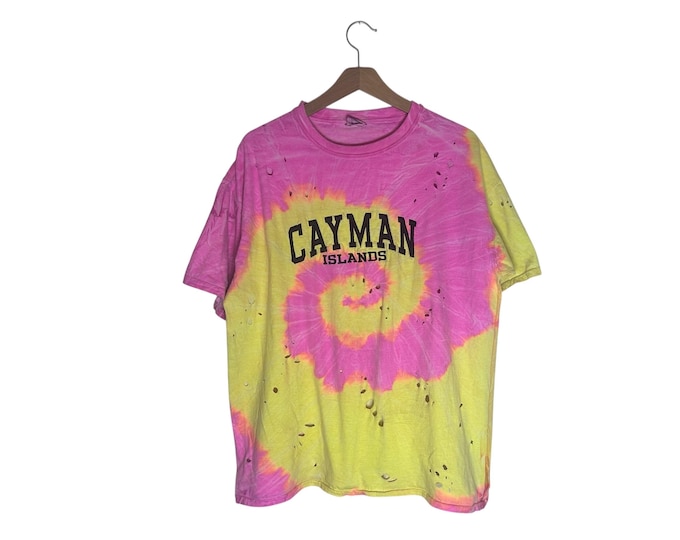 Distressed Grunge Style Neon Tie Dye T-shirt With Holes Cayman Islands Summer Tee Size Large
