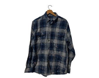 Bleached Holes Design Blue Gray Flannel Shirt Mens Unisex Plaid Grunge Flannel Distressed Size Medium