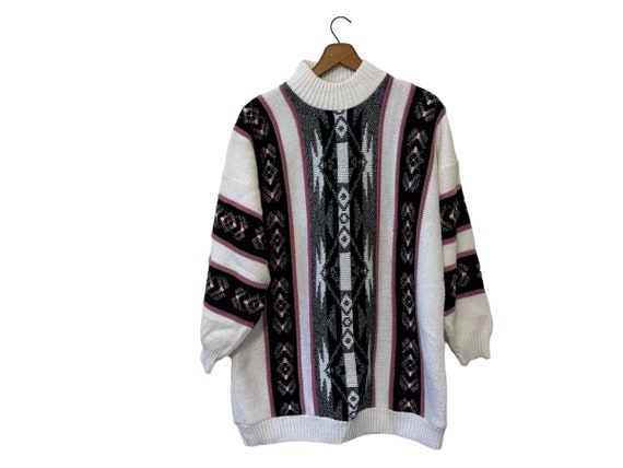 Women's Oversized Sweater Vintage 90s Southwestern Pattern White Pink Black Tribal Print Mock Turtle Neck Long Length Private Eyes Large