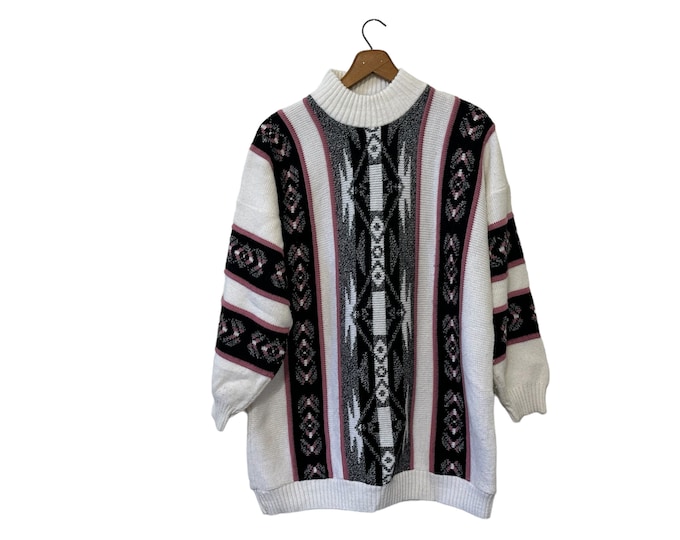 Women's Oversized Sweater Vintage 90s Southwestern Pattern White Pink Black Tribal Print Mock Turtle Neck Long Length Private Eyes Large