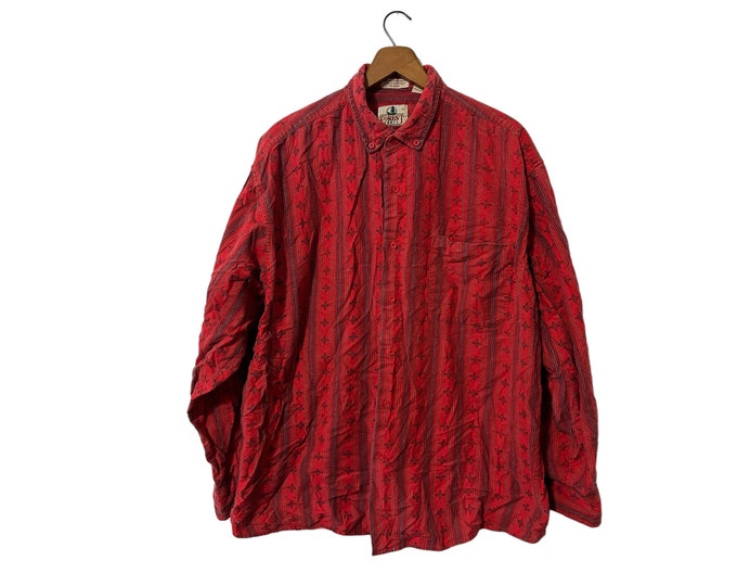 Striped & Patterned 80's Vintage Cotton Flannel Shirt Red Button Down Long Sleeve Forest Trail Mens Size XL