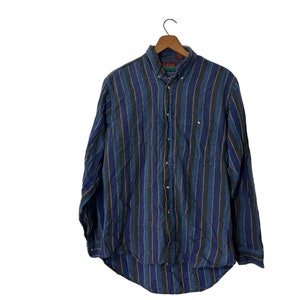 80&#39;s Vintage Distressed with Holes Striped Flannel Button Down Shirt Long Sleeve Pockets Blue Black Yellow Men&#39;s Tall Medium