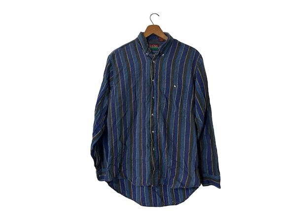 80's Vintage Distressed with Holes Striped Flannel Button Down Shirt Long Sleeve Pockets Blue Black Yellow Men's Tall Medium
