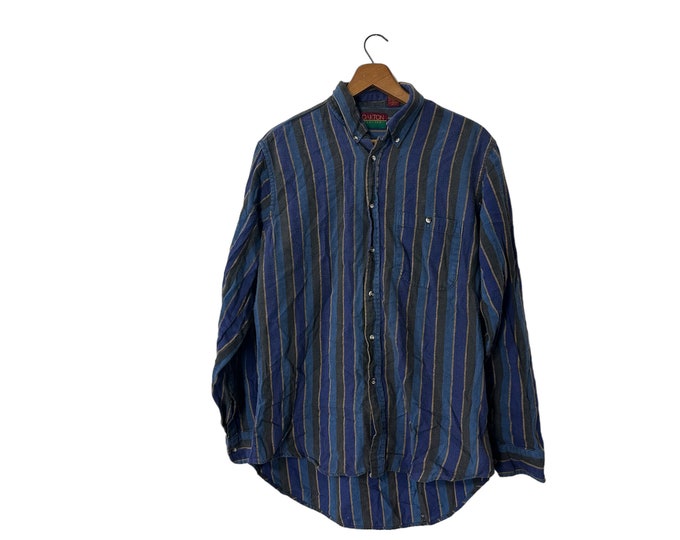 80's Vintage Distressed with Holes Striped Flannel Button Down Shirt Long Sleeve Pockets Blue Black Yellow Men's Tall Medium