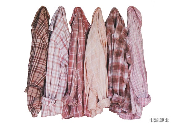 Sun Bleached Flannel Shirt Faded Colors Pink Peach Blush Gold Tan Rust