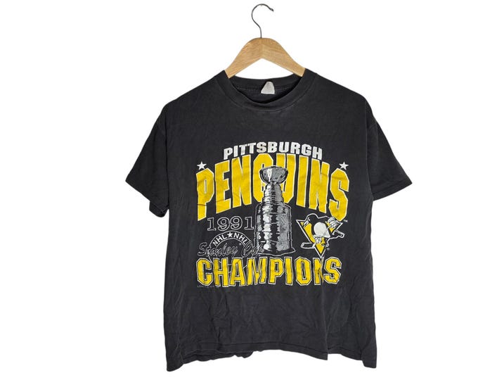 1991 Pittsburgh Penguins Stanley Cup Champions Vintage T Shirt, 90s NHL Hockey Graphic Tee, Black Cotton Size Large Distressed
