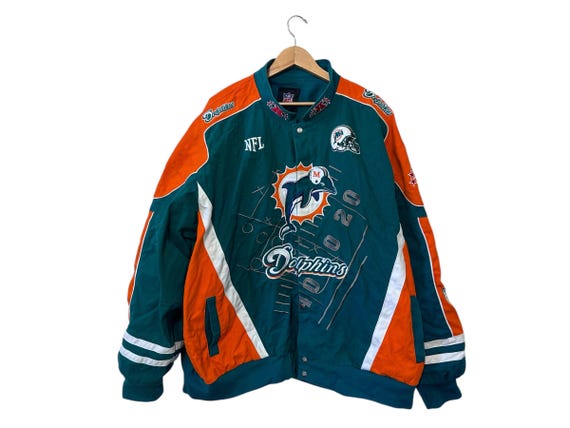 RARE Miami Dolphins Denim Jacket Teal Orange 302 Logo Size 6XL NFL Football Jacket