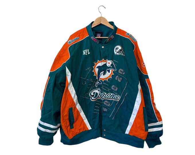 RARE Miami Dolphins Denim Jacket Teal Orange 302 Logo Size 6XL NFL Football Jacket