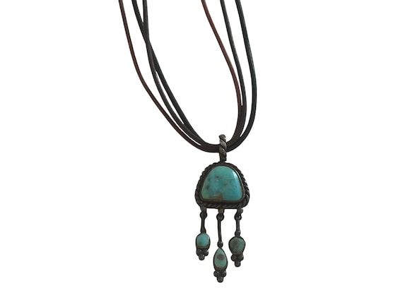 Turquoise Pendant Necklace Three Cable Choker with Clasp Native American Style Jewelry
