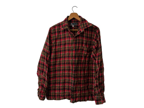 Vintage 80's Red Plaid Flannel Button Down Wool Longsleeve Shirt Red Green White Black with Chest Pocket Men's Small