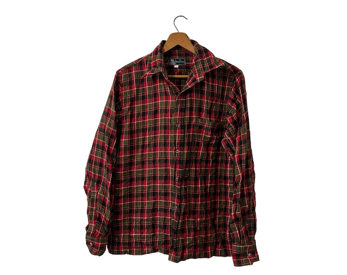 Vintage 80's Red Plaid Flannel Button Down Wool Longsleeve Shirt Red Green White Black with Chest Pocket Men's Small