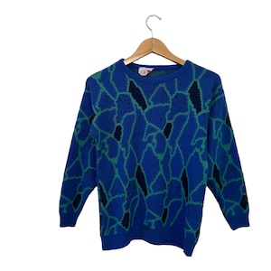 80s Vintage En Vogue Abstract Pattern Pullover Knit Sweater Royal Blue Teal Navy Long Sleeve Womens Small - Damaged