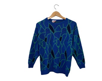 80s Vintage En Vogue Abstract Pattern Pullover Knit Sweater Royal Blue Teal Navy Long Sleeve Womens Small - Damaged