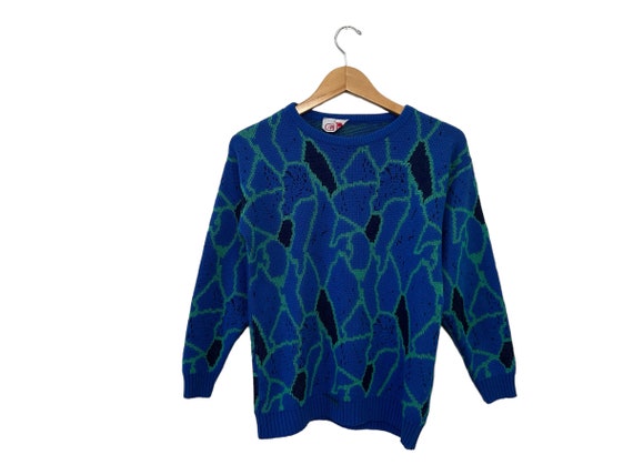 80s Vintage En Vogue Abstract Pattern Pullover Knit Sweater Royal Blue Teal Navy Long Sleeve Womens Small - Damaged