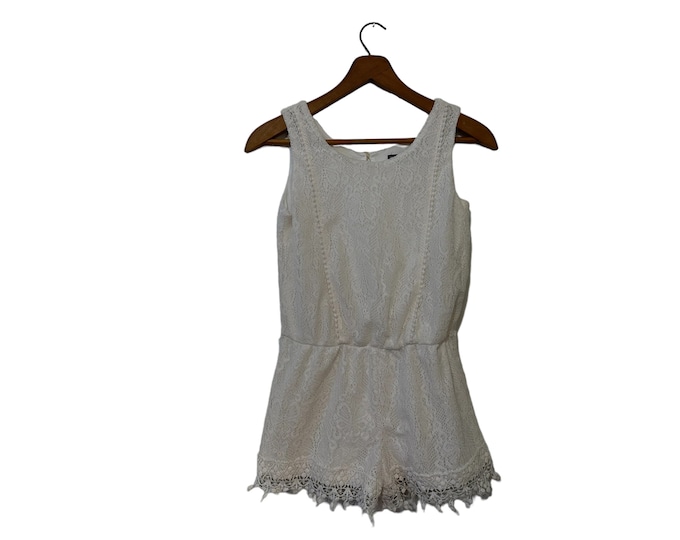 White Lace Romper Jumpsuit Shorts Intricate Trim Fringed Bottom Sleeveless Elastic Waist Girls Size Large