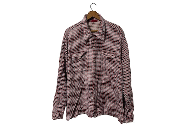 60's 70's Vintage Sears Mens Store Houndstooth Plaid Pattern Flannel Shirt Red White Blue Long Sleeve Pockets Men's XL