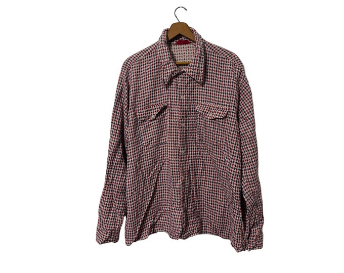 60's 70's Vintage Sears Mens Store Houndstooth Plaid Pattern Flannel Shirt Red White Blue Long Sleeve Pockets Men's XL