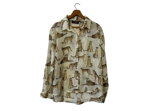 Women's Sheer Cheetah Cat Pattern Dress Blouse Button Front Long Sleeve Ivory Tan Black Leopard Print Studded Collar Size 2X