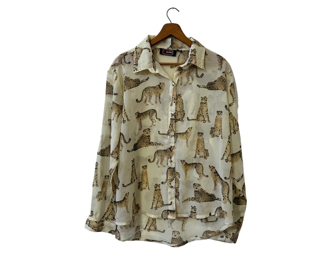 Women's Sheer Cheetah Cat Pattern Dress Blouse Button Front Long Sleeve Ivory Tan Black Leopard Print Studded Collar Size 2X