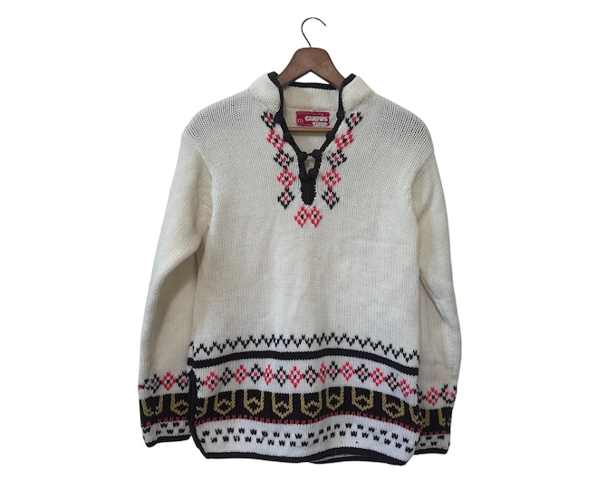 1970s Womens Sweater with Decorative Button Collar Campus Shop Acrylic 70s Size Medium Small Woman