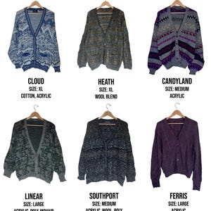 May include: Six vintage cardigans hang on wooden hangers. The cardigans are in various colors and patterns, including blue, gray, and purple. Each cardigan has a v-neck and button closure. The text on the image includes the names "CLOUD", "HEATH", "CANDYLAND", "LINEAR", "SOUTHPORT", and "FERRIS".