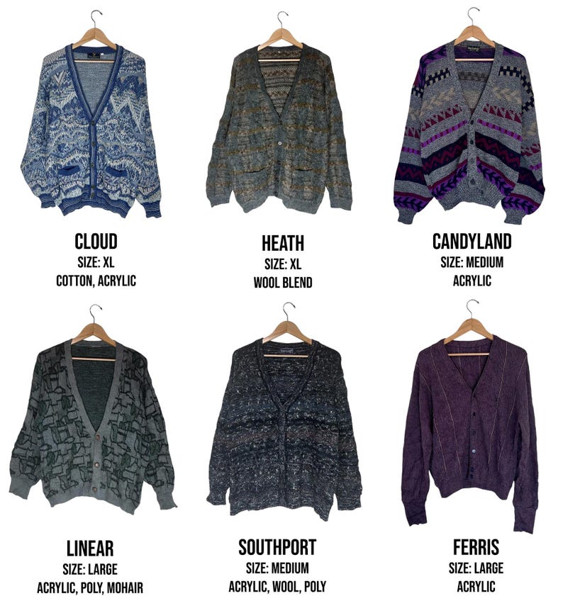 May include: Six vintage cardigans hang on wooden hangers. The cardigans are in various colors and patterns, including blue, gray, and purple. Each cardigan has a v-neck and button closure. The text on the image includes the names "CLOUD", "HEATH", "CANDYLAND", "LINEAR", "SOUTHPORT", and "FERRIS".