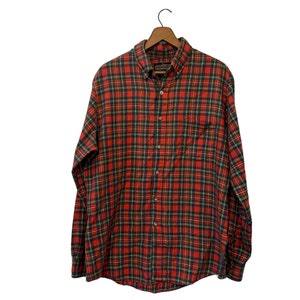 Vintage 70s Flannel Shirt Red Green Multicolor Tartan Plaid Sportswear Size Large with Distress
