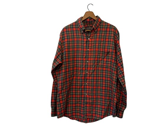 Vintage 70s Flannel Shirt Red Green Multicolor Tartan Plaid Sportswear Size Large with Distress