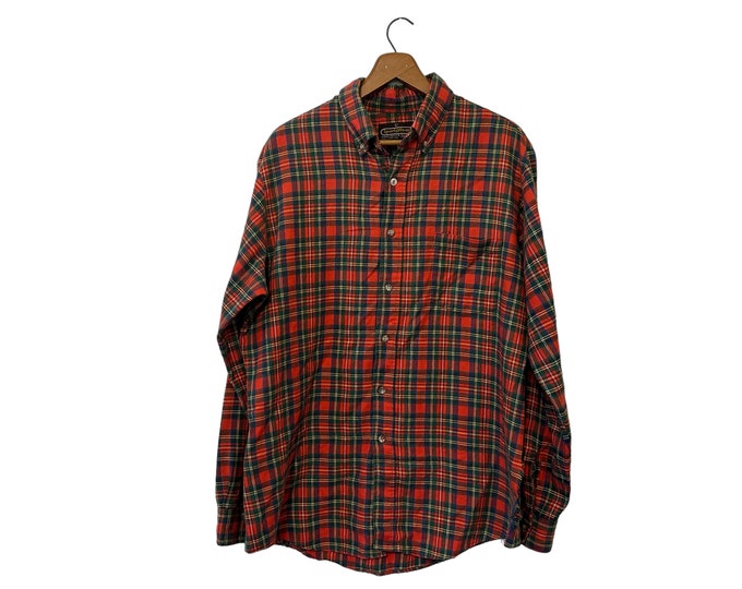 Vintage 70s Flannel Shirt Red Green Multicolor Tartan Plaid Sportswear Size Large with Distress