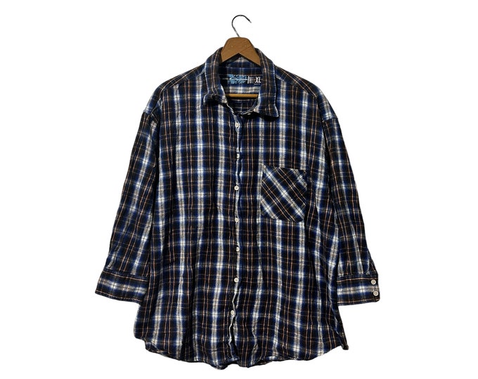 Womens Boyfriend Flannel Plaid Cotton Shirt Blue Brown Orange White Button Down Long Sleeve Pocket Size XL