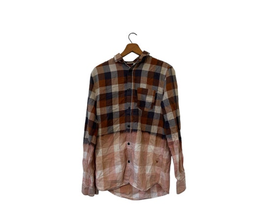 Half Bleached Flannel Shirt Size Small Mens Unisex Rust Beige Neutrals Bottom Half Bleach
